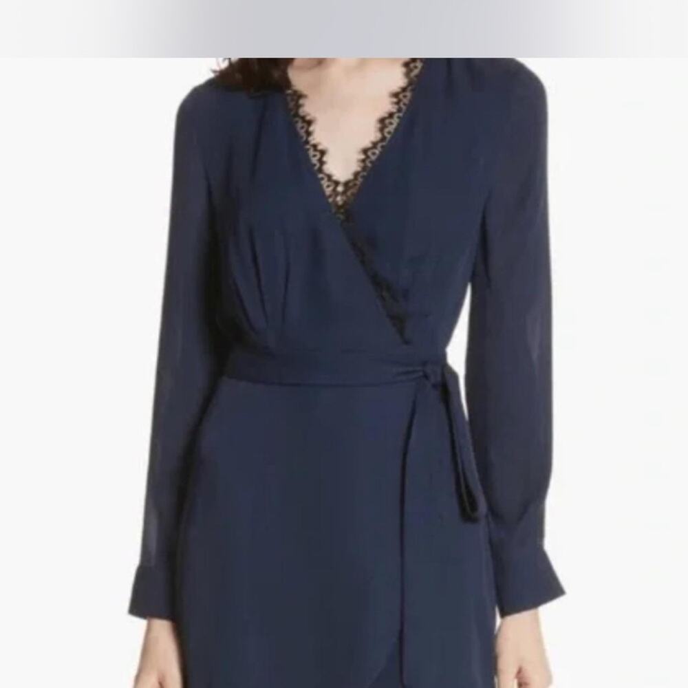L'AGENCE Trino Silk Wrap Dress Navy Lace Trim Size S